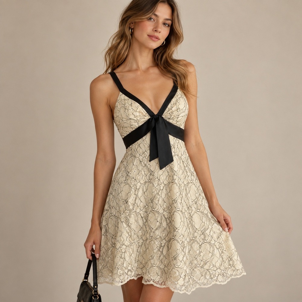 WHBM Whimsigoth Babydoll Lace Overlay Cocktail Dress Size 0 Cream Retro Coquette